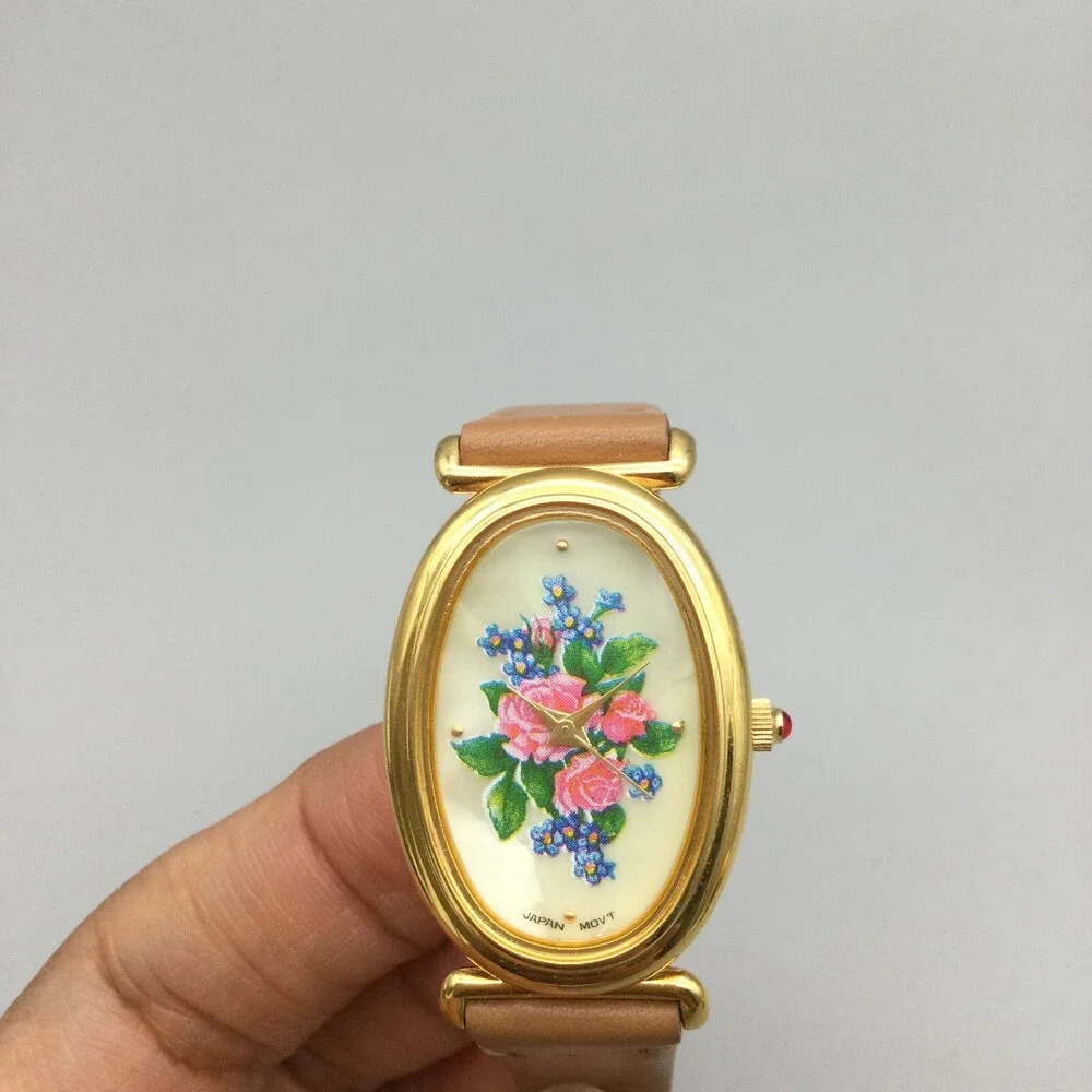 Avon Watch Women 24mm MOP Floral Dial Gold Tone Leather Band New Battery - Picture 7 of 15